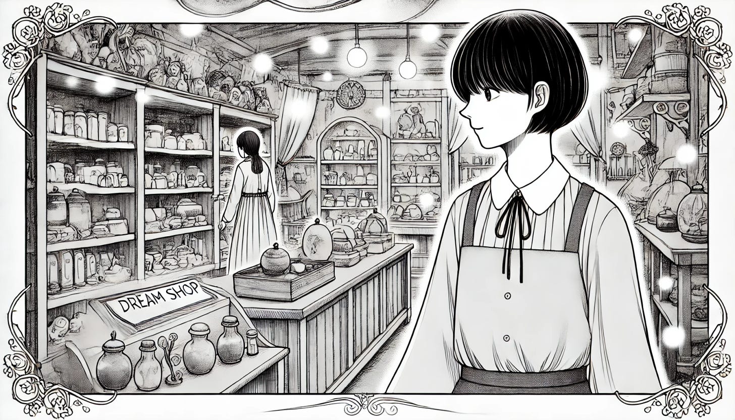 A manga-style illustration depicting a young Korean intern working at the Dream Shop. The intern, a young woman with short dark hair, is standing in a whimsical, dream-like shop filled with various curiosities and magical items. Her expression is a mix of contemplation and realization as she learns to let go of old expectations and opens herself to new possibilities. The shop is filled with shelves of mysterious objects, soft glowing lights, and a warm, inviting atmosphere. The scene is filled with a sense of wonder and personal growth, with manga-style lines and shading emphasizing the emotional depth of the moment.