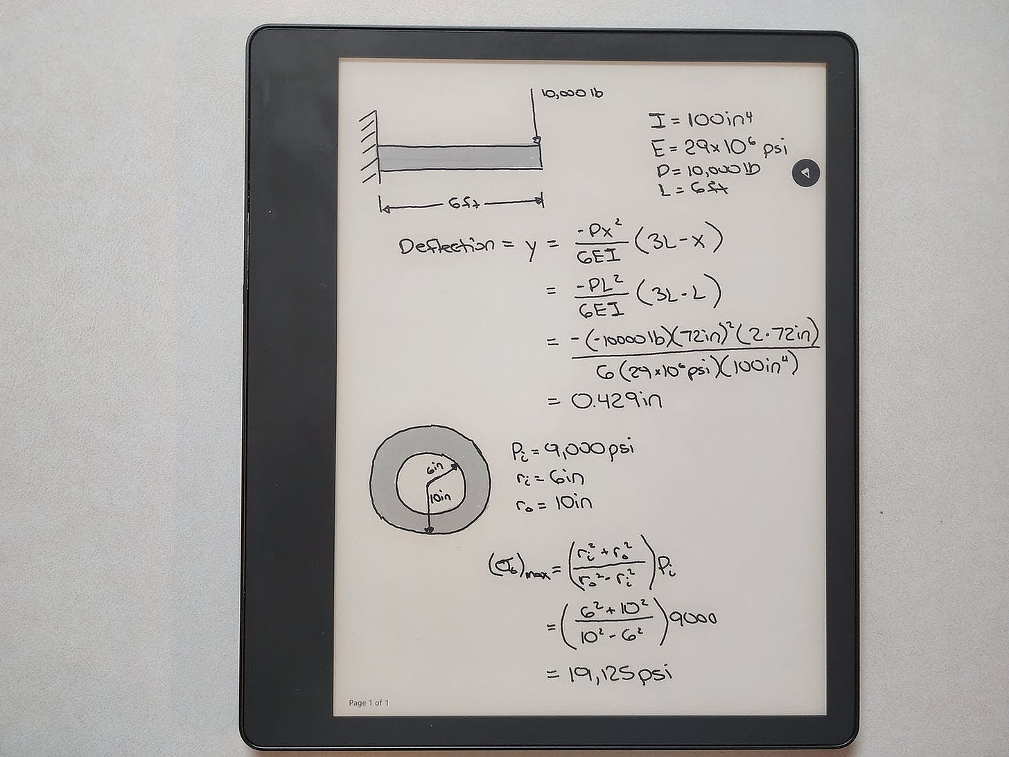 Kindle Scribe tablet with handwritten calculations for a cantilever beam and pressure vessel.