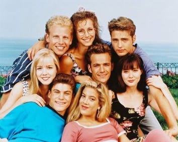 The original teenagers cast. Center: Dylan McKay; Clockwise from far left: Kelly Taylor, Steve Sanders, Andrea Zuckerman, Brandon Walsh, Brenda Walsh, Donna Martin, and David Silver.