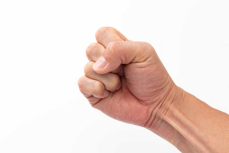 Male hand on white background.