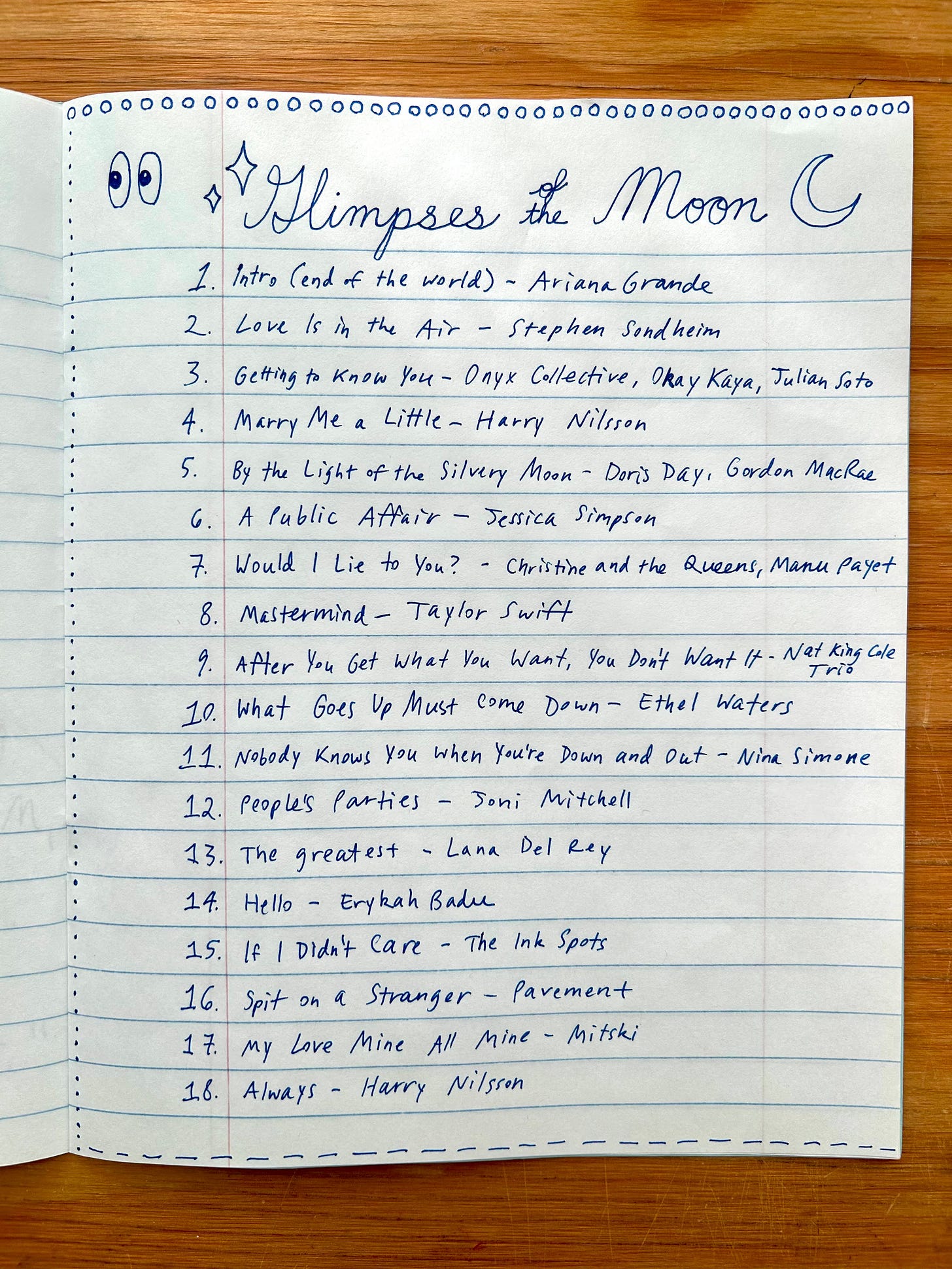 Alt text: Hand-written list of song titles, written on blue ink on lined notebook paper. The title is written in cursive and reads “Glimpses of the Moon.” It is surrounded by doodles of emojis—eyes, stars, and a crescent moon. The border is decorated with doodled circles, dots and lines.   Transcribed text:   Glimpses of the moon   1 Intro (end of the world) - Ariana Grande 2 Love Is in the Air - Stephen Sondheim 3 Getting to Know You - Onyx Collective, Okay Kaya, Julian Soto 4 Marry Me a Little - Harry Nilsson 5 By the Light of the Silvery Moon - Doris Day, Gordon MacRae 6 A Public Affair - Jessica Simpson 7 Would I Lie to You? - Christine and the Queens, Manu Payet 8 Mastermind - Taylor Swift 9 After You Get What You Want, You Don't Want It - Nat King Cole Trio 10 What Goes Up Must Come Down - Ethel Waters 11 Nobody Knows You When You’re Down and Out - Nina Simone 12 People's Parties - Joni Mitchell 13 The greatest - Lana Del Rey 14 Hello - Erykah Badu 15 If I Didn’t Care - The Ink Spots 16 Spit on a Stranger - Pavement 17 My Love Mine All Mine - Mitski 18 Always - Harry Nilsson