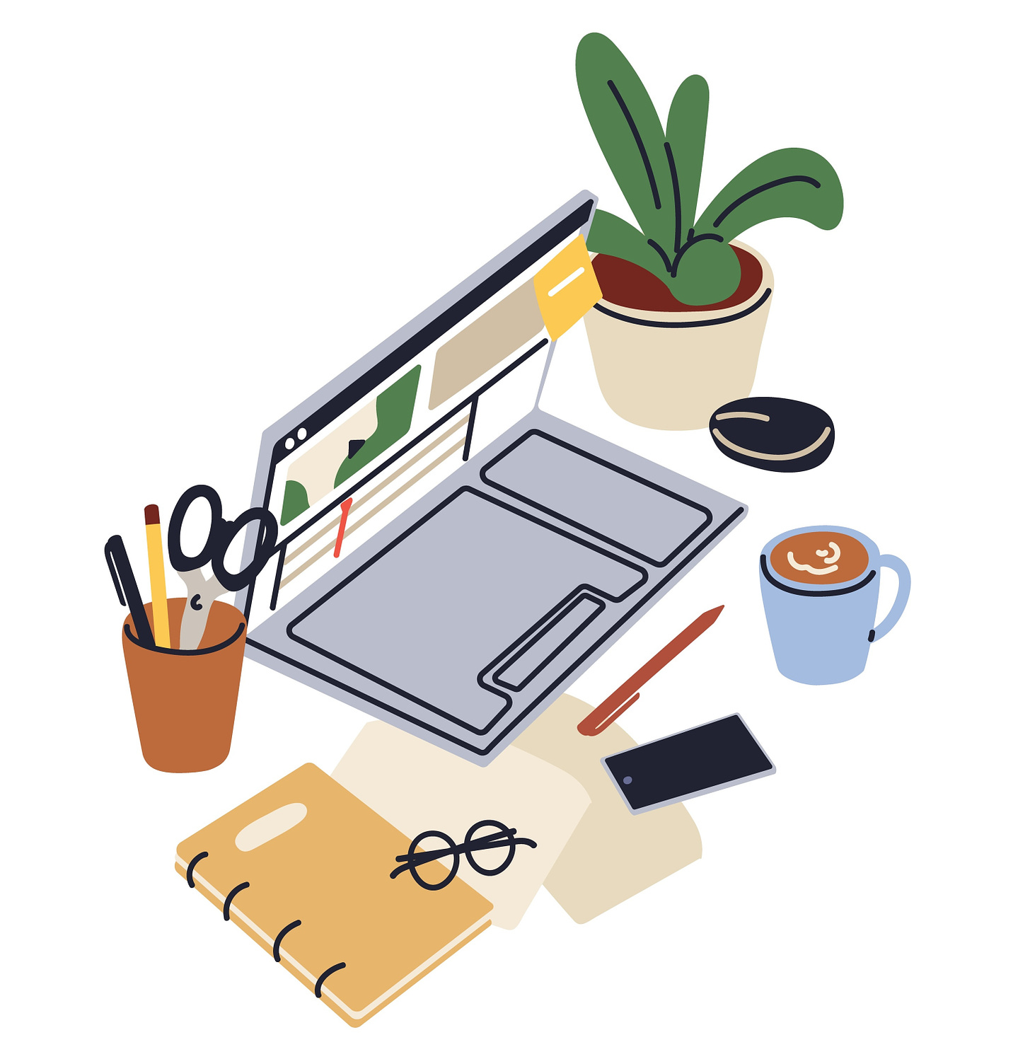 Digital drawing of a laptop surrounded by paper, glasses, a hot drink, a mouse, and cup of office supplies.