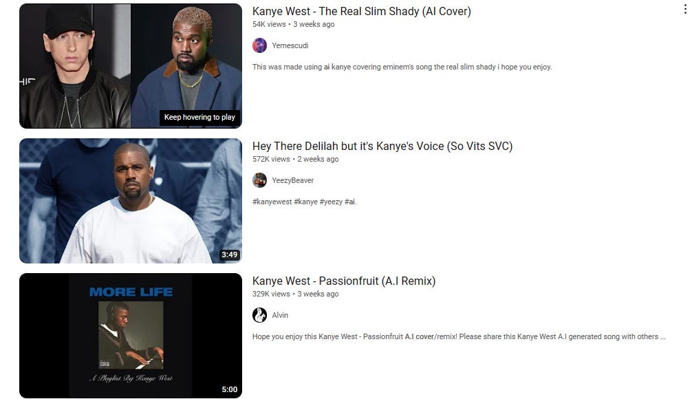 screenshot of YouTube showing Kanye West AI Covers