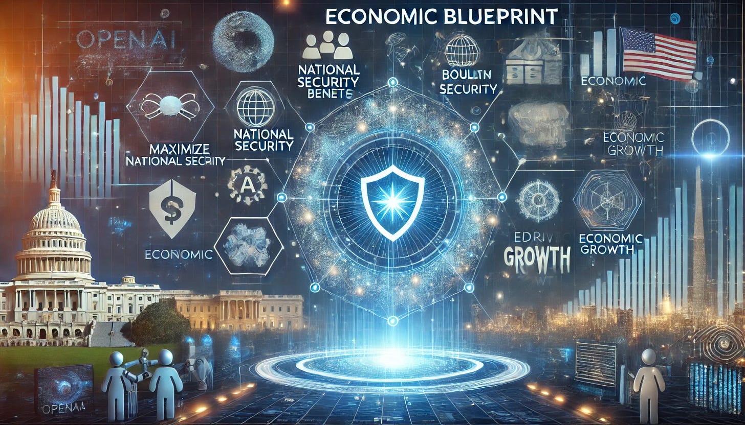 A 16:9 illustration symbolizing OpenAI's Economic Blueprint, focusing on policy proposals to maximize AI's benefits, bolster national security, and drive economic growth. The scene features a glowing blueprint hologram at the center, showcasing AI algorithms, national security symbols like a shield, and economic growth graphs. Surrounding the blueprint are diverse elements such as robotic arms, interconnected data streams, and futuristic cityscapes representing innovation. The background includes a blend of government buildings and technology hubs, emphasizing collaboration between policy and technology.