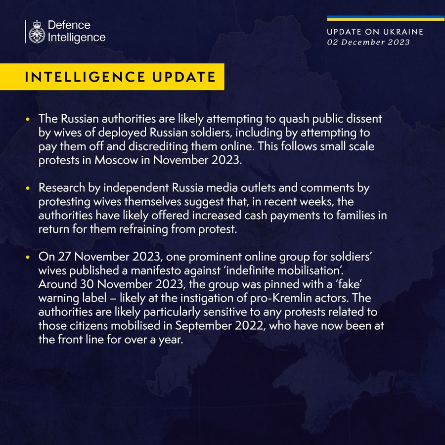 Latest Defence Intelligence update on the situation in Ukraine – 2 December 2023.