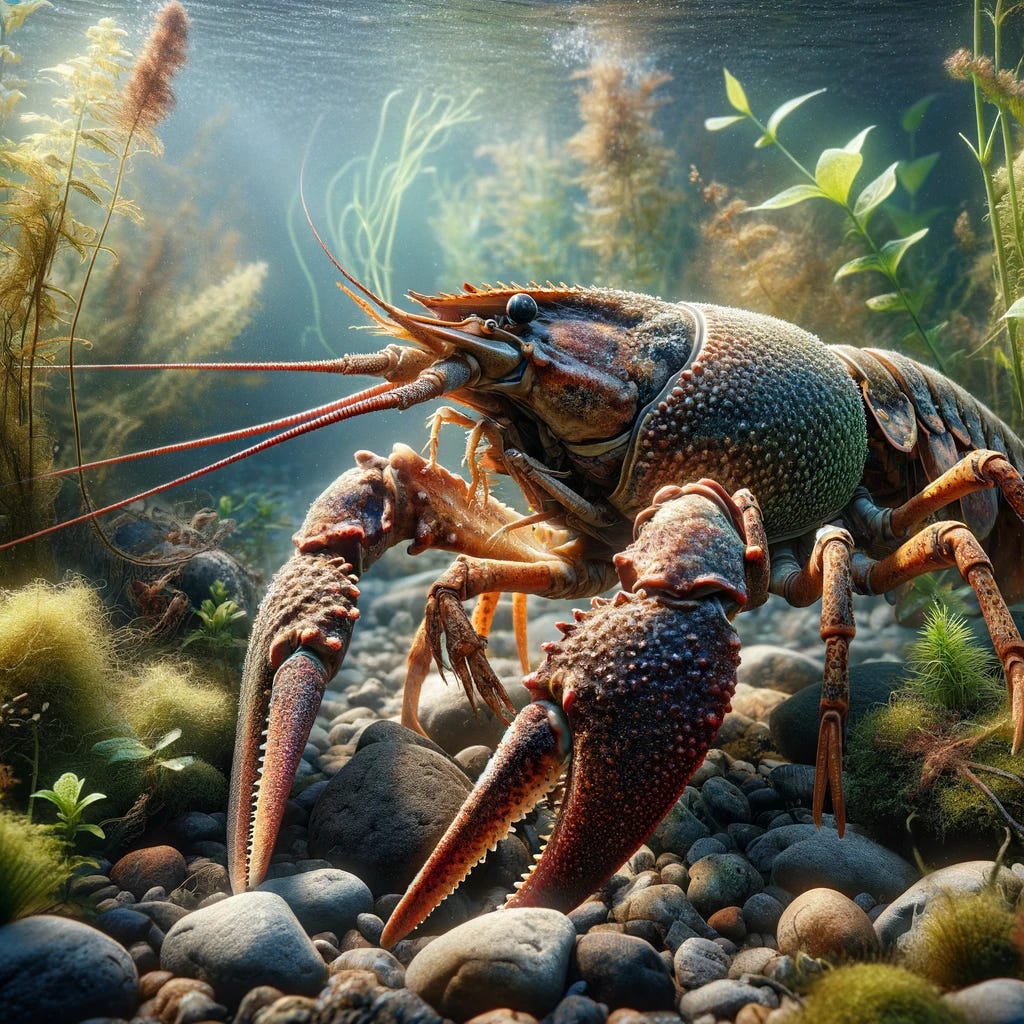 A detailed, realistic image of a crawfish in its natural habitat, underwater among rocks and plants. The scene captures the intricate textures of the crawfish's shell, its prominent claws, and the subtle interplay of light filtering through the water, illuminating parts of the crawfish and the surrounding aquatic flora. The composition highlights the crawfish's adaptation to its environment, showcasing its ability to blend with the underwater landscape while hinting at its role in the ecosystem.