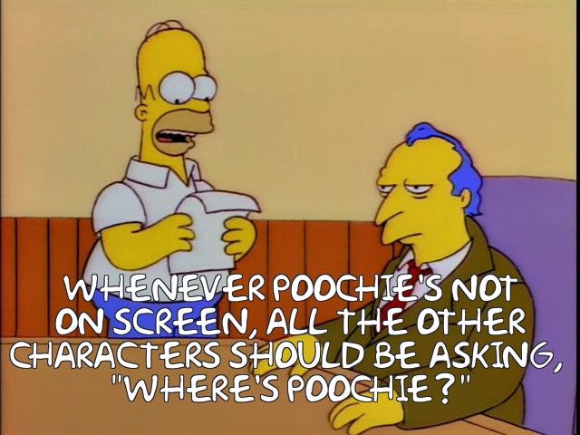 Screenshot from The Simpsons generated by Frinkiac. Homer reading from a sheet of paper to a dejected Roger Meyers Jr. Homer's dialogue: Whenever Poochie's not on screen, all the other characters should be asking, "Where's Poochie?"