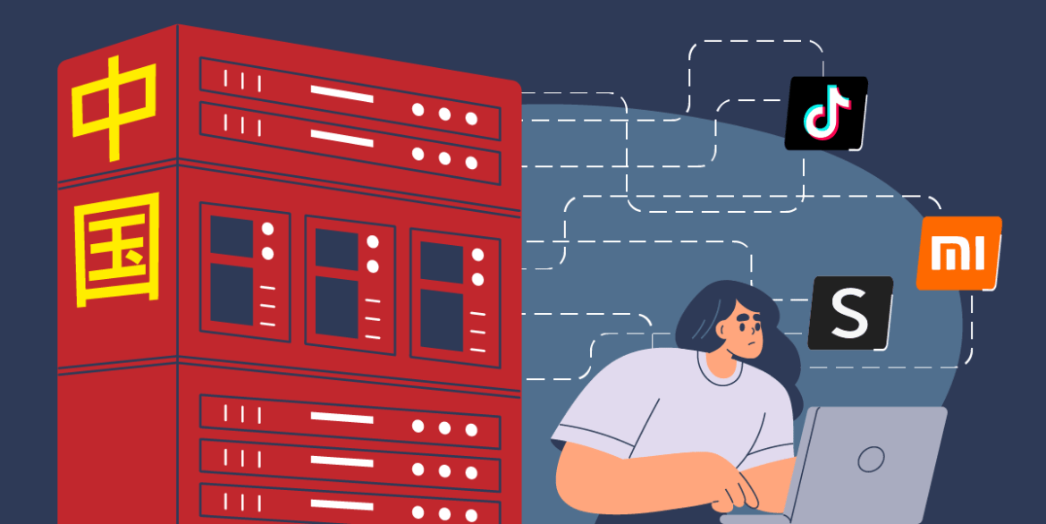 A woman with a laptop on her lap sits in front of a large red server symbolising data transfers to China. On her right, there's the logos of TikTok, Xiaomi and SHEIN. They are connected to the server through dotted lines