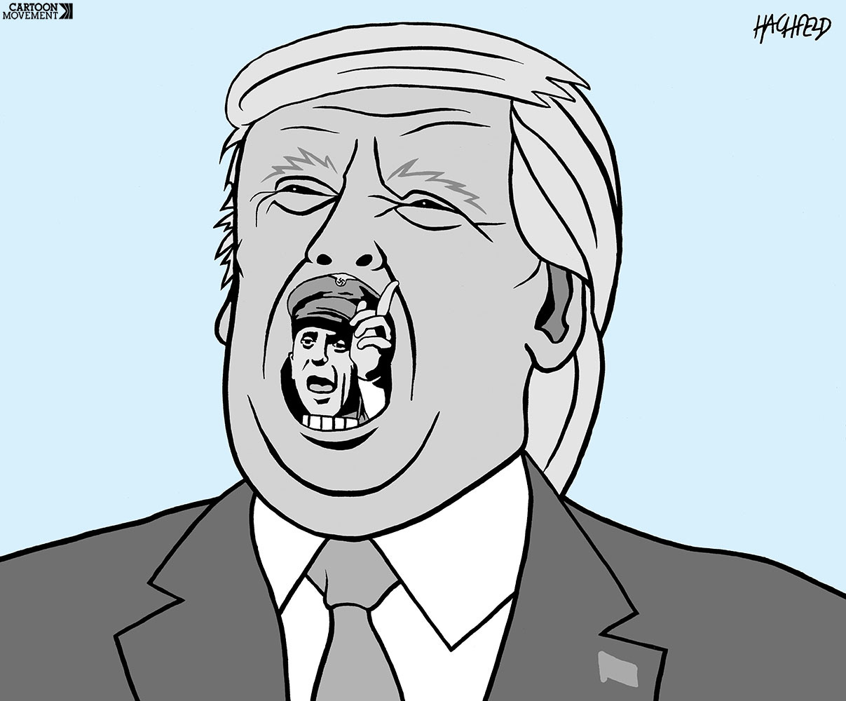 Cartoon showing the face of Donald Trump in the middle of a political speech. A miniature version of Nazi-Germany propaganda minister Joseph Goebbels pops out of his mouth.