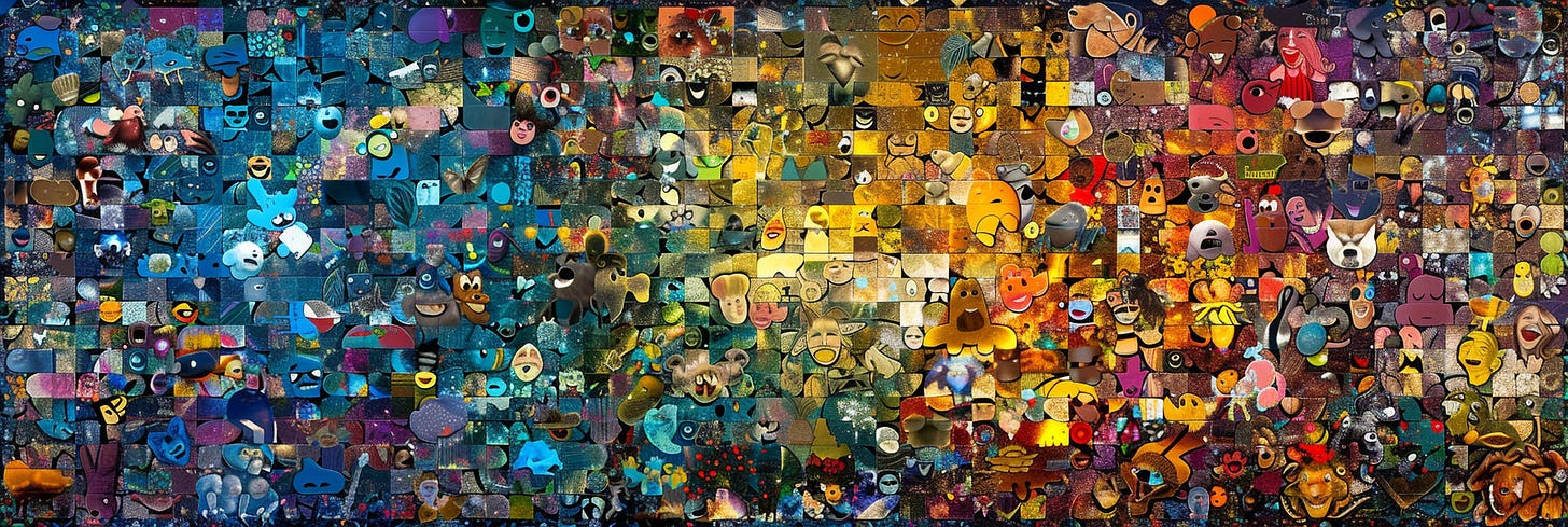 A mosaic collage made up of numerous small, square images pieced together to form a larger image. Each square contains a variety of colorful, abstract, and recognizable figures and faces, ranging from human to animal to fantastical characters. The overall color palette transitions from cool blues on the left to warm yellows and browns on the right. The collage is densely packed with a multitude of expressions and emotions, creating a lively and eclectic visual tapestry.