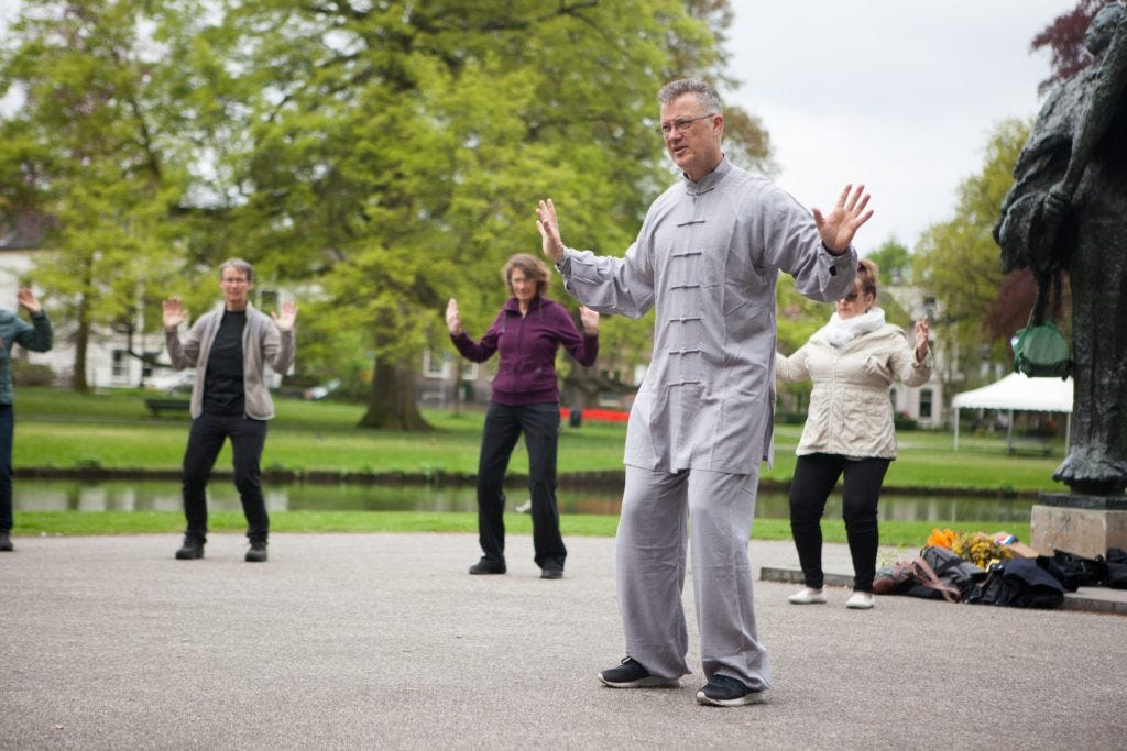 Chi Kung in het park tijdens Wereld Tai Chi Dag 2018 (foto: Rob Feber)