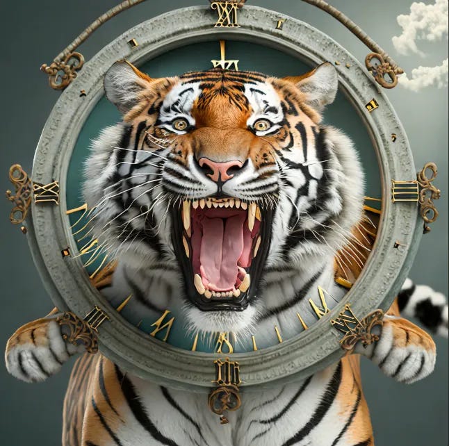 tiger is roaring and biting in clock, clear style, photo