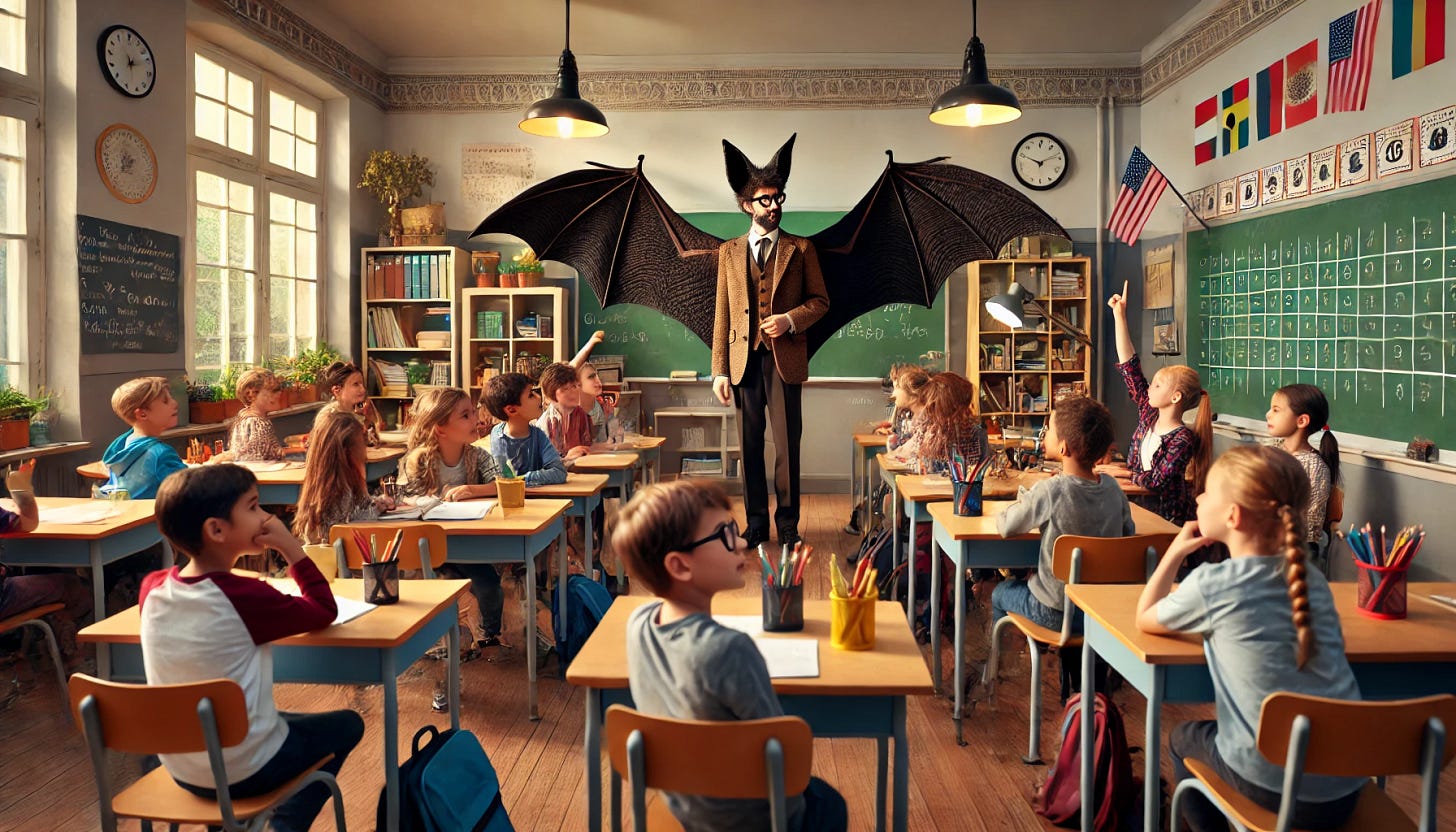 A lively elementary school classroom filled with young students sitting at their desks, listening intently to their professor. The professor is a giant bat, standing at the front of the class, wings partially extended, wearing glasses and a tweed jacket. The students look engaged, some taking notes, others raising their hands. The classroom is decorated with colorful posters, a chalkboard with math problems, and bookshelves filled with educational materials. Warm lighting enhances the friendly atmosphere.