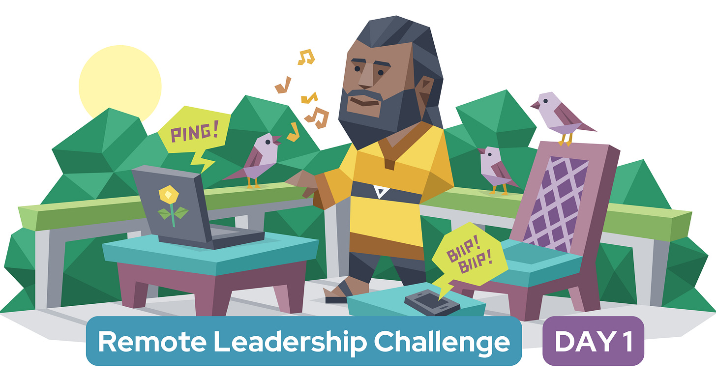 A man receives notifications on his mobile phone and laptop while birds chirp in the background. Text reads "Remote Leadership Challenge: Day 1"