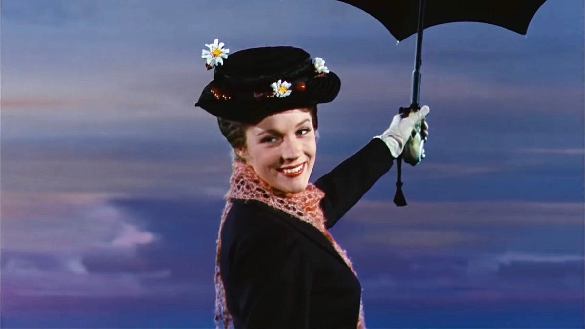 Photo of Mary Poppins flying away. 