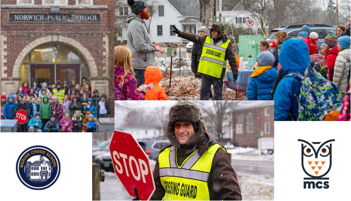 images of Demo, our crossing guard.  Also images of students with Demo.