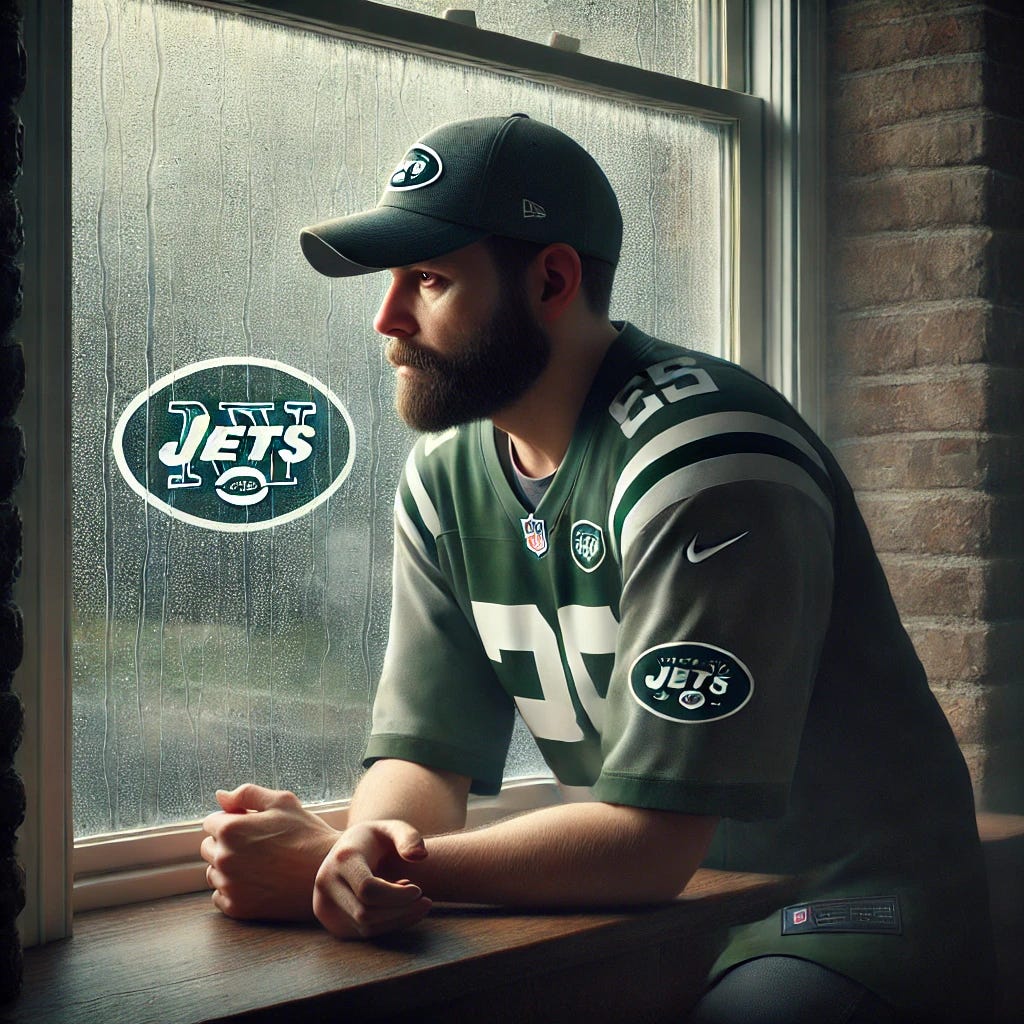 A scene of a sad Jets fan looking out a window on a rainy day. The fan, wearing a New York Jets jersey and cap, has a somber expression, with hands resting against the windowpane. Outside, rain pours down, with raindrops streaming down the window, casting a gloomy ambiance. The interior is dimly lit, with soft, natural light coming through the window. The style is photorealistic, capturing the mood of disappointment and reflection.