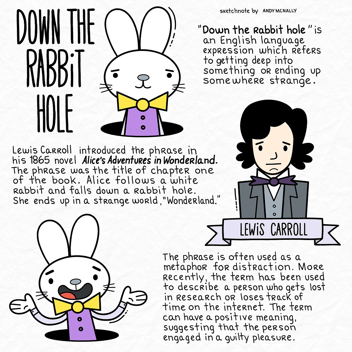 a sketchnote about the meaning of the phrase, down the rabbit hole