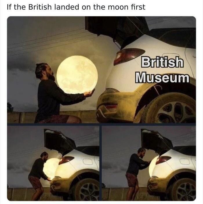 someone pretending to steal the moon, placing it in a car marked 'British Museum'