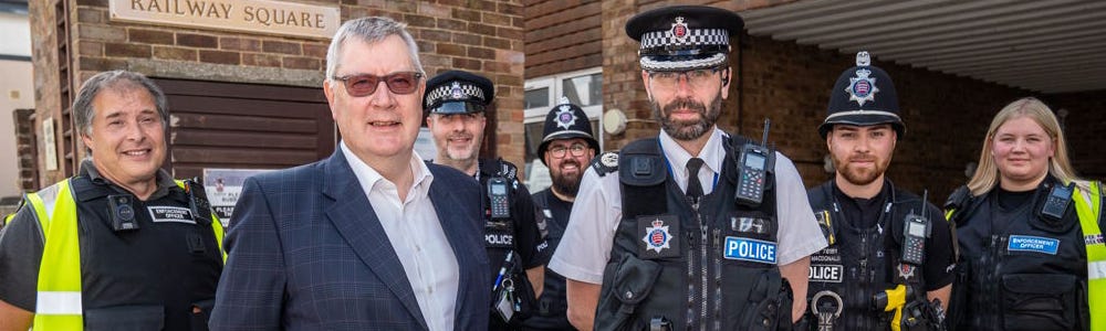 Police, Fire and Crime Commissioner Roger Hirst and Deputy Chief Constable Andy Prophet with Community Safety Officers and officers from Brentwood Community Policing Team.