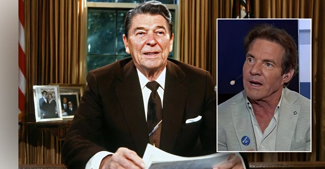 Dennis Quaid portraying Ronald Reagan in the upcoming film Reagan, with a side image of Quaid reflecting on the challenges of taking on the role of an American icon.