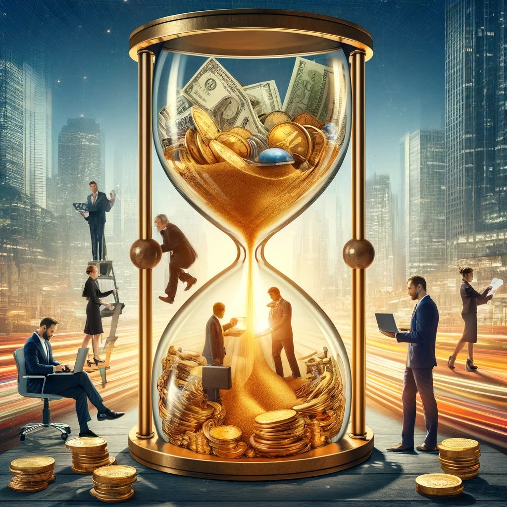 Create an image that vividly conveys the adage 'time is money.' At the center of the composition is a large, transparent hourglass, but instead of sand, it's filled with gold coins and banknotes flowing from the top to the bottom chamber. Surrounding the hourglass, individuals in business attire are engaged in various activities: one is working diligently on a laptop, another is negotiating a deal over the phone, and a third is brainstorming innovative ideas on a whiteboard. The backdrop features a bustling city skyline, emphasizing the fast-paced business world where time directly correlates to financial success. This dynamic scene captures the essence of productivity and the critical importance of valuing time as a precious resource in achieving economic prosperity.
