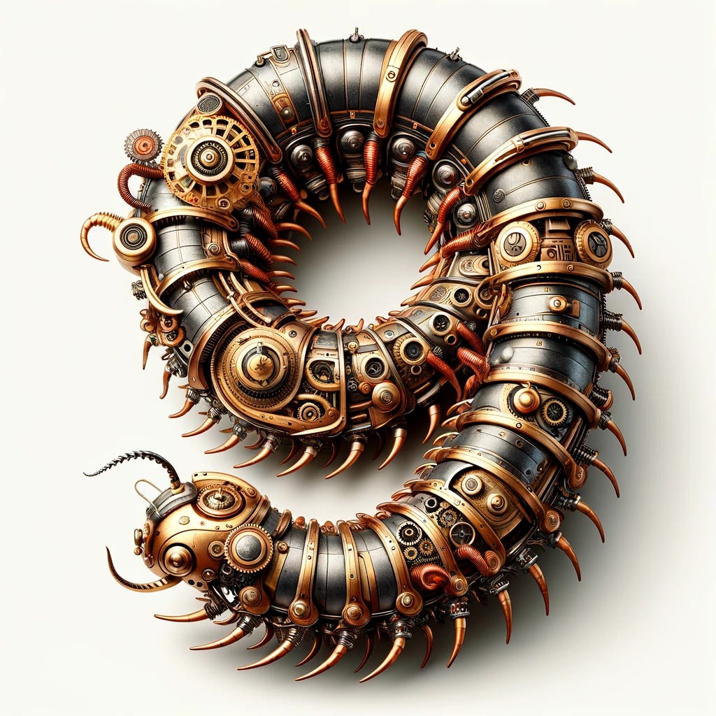 Illustrate a hyper-realistic image of a steampunk mechanical centipede, with its body precisely curled to form the number "9". This iteration should showcase an even more refined steampunk aesthetic, with a focus on brass and copper components, detailed gears, sophisticated steam mechanisms, and ornamental engravings. The centipede's curled form should distinctly mimic the number "9", emphasizing the unique combination of mechanical engineering and artistic design. Set against a simplistic background to highlight the centipede's detailed construction and the numeral it represents, showcasing the intricate relationship between form, function, and number.