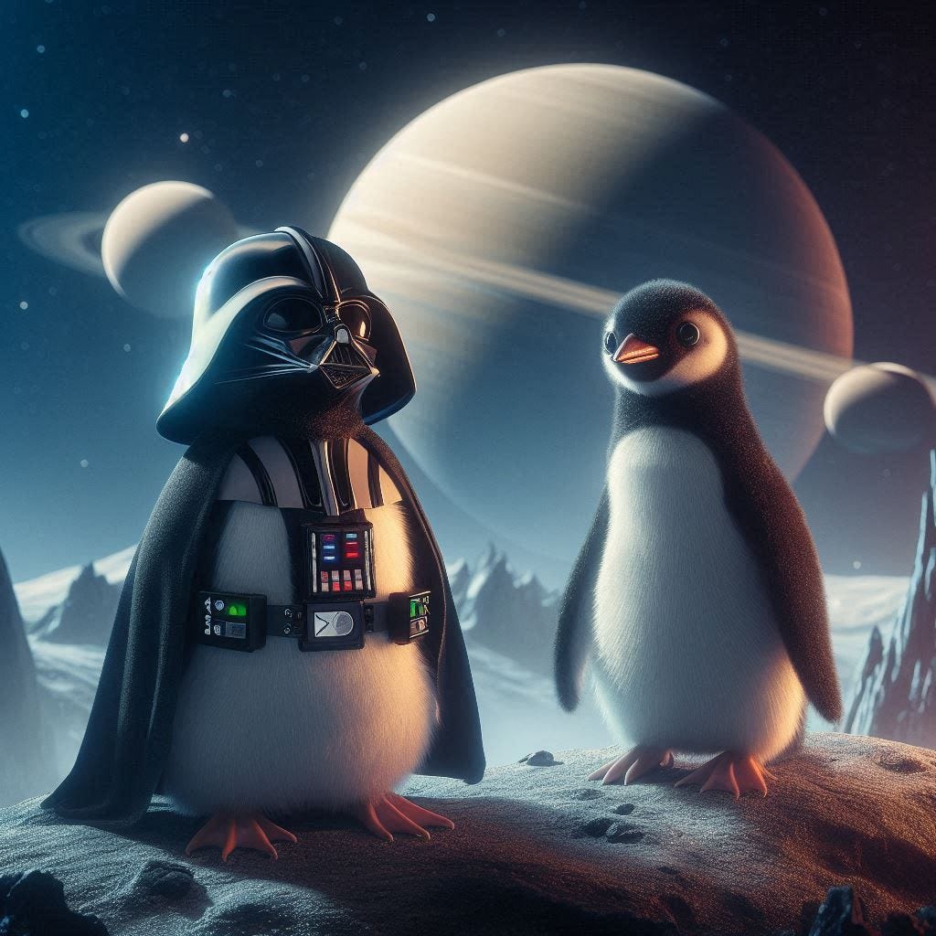 DARTH PENGUIN ON SATURNS MOON, scifi art