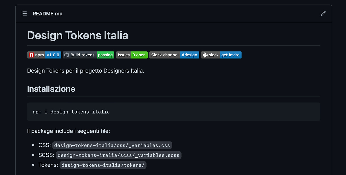 Homepage of Design Tokens Italia, a GitHub repository