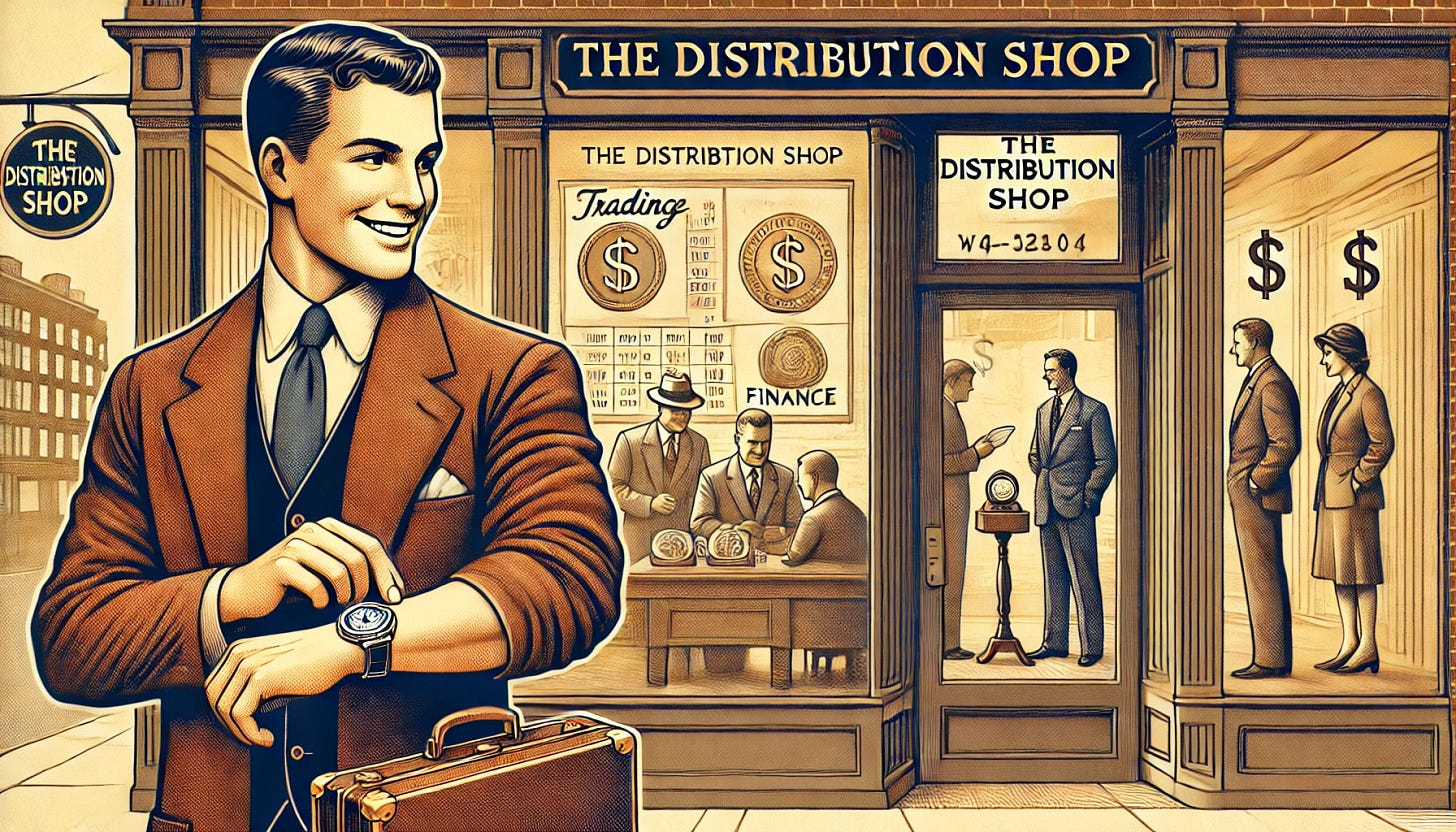 A vintage-style illustration showing a well-dressed man walking out of a store called 'The Distribution Shop', smiling as he admires a fancy wristwatch on his arm. The scene has a nostalgic, mid-20th century aesthetic, with warm tones and detailed linework. The storefront features large display windows with the words 'Trading', 'Finance', and symbols of money like coins, dollar signs, and stock tickers visible inside. Inside the store, people are seen engaging in financial transactions, analyzing charts, and exchanging documents. The customer outside looks pleased and satisfied, creating a positive, welcoming atmosphere. Wide-screen format, suitable for a blog header.