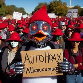 cyborg penguin by a  mob of people in red hats holds a sign says "AUTOHOAX ALBUQUERQUE". Image 3 of 4