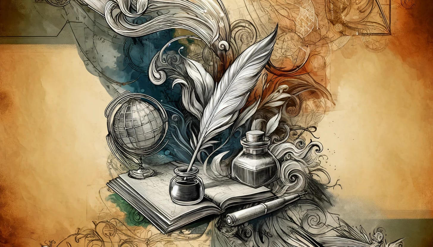Enhance the previously refined cover image by prominently including an inkwell, a quill, and a half-drawn map, ensuring these elements are integral to the composition. The image should still embody the artistic style blending illustration and fine art, with fluid, expressive line drawings and a monochromatic palette accented with touches of watercolor. The added symbolism of the inkwell and quill represents the act of writing and reflection, while the half-drawn map symbolizes exploration and the unfinished nature of understanding. These elements, combined with the existing symbolism for compassion, patience, diplomacy, and open-mindedness, create a rich tapestry that invites viewers into a world of thoughtful inquiry and creative expression, underpinned by the pursuit of knowledge and the importance of empathy.