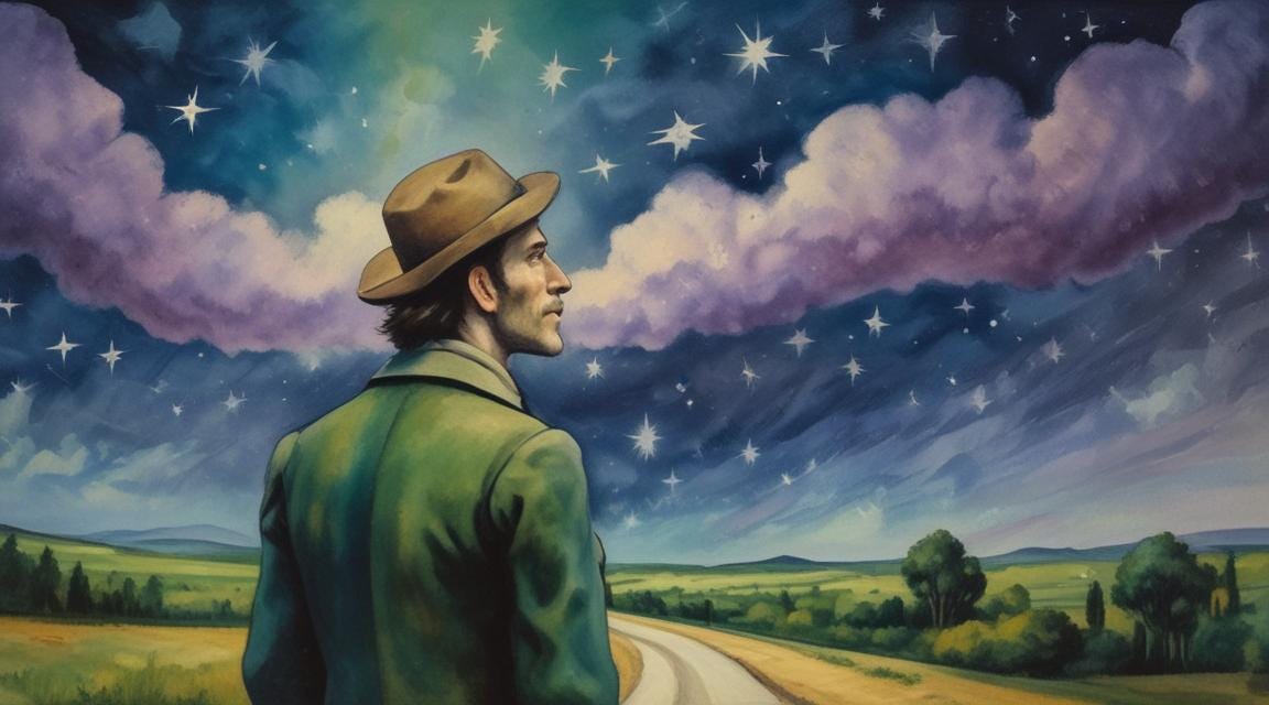 A man stands on the road and looks at the sky