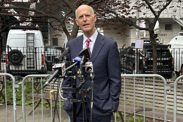 Senator Rick Scott, R-Fla., speaks outside Manhattan criminal court, Thursday, May 9, 2024, in New York. Scott attended former President Donald Trump's criminal trial Thursday. (AP Photo/Joseph Frederick)