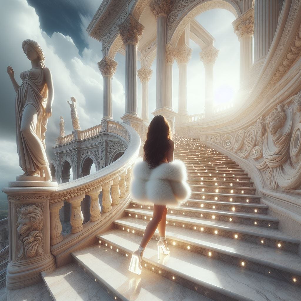 Hyper realistic; tilt shift; Lensbaby Effect: dark haired woman  LED Light-Up Shoes /Faux Fur Stole Caryatids sculptures in cream marble and columns and Art Deco Decorative Elements. winding staircase to dissappearing point.  Crystal sky. .sunny sky, fluffy clouds. Vast distance. sunshower. radiant