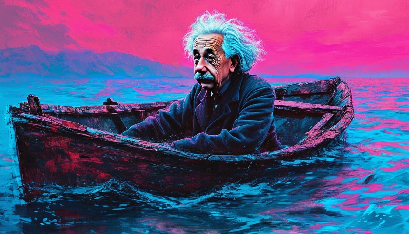 AI-generated digital painting of Einstein floating in a junky boat on a lake