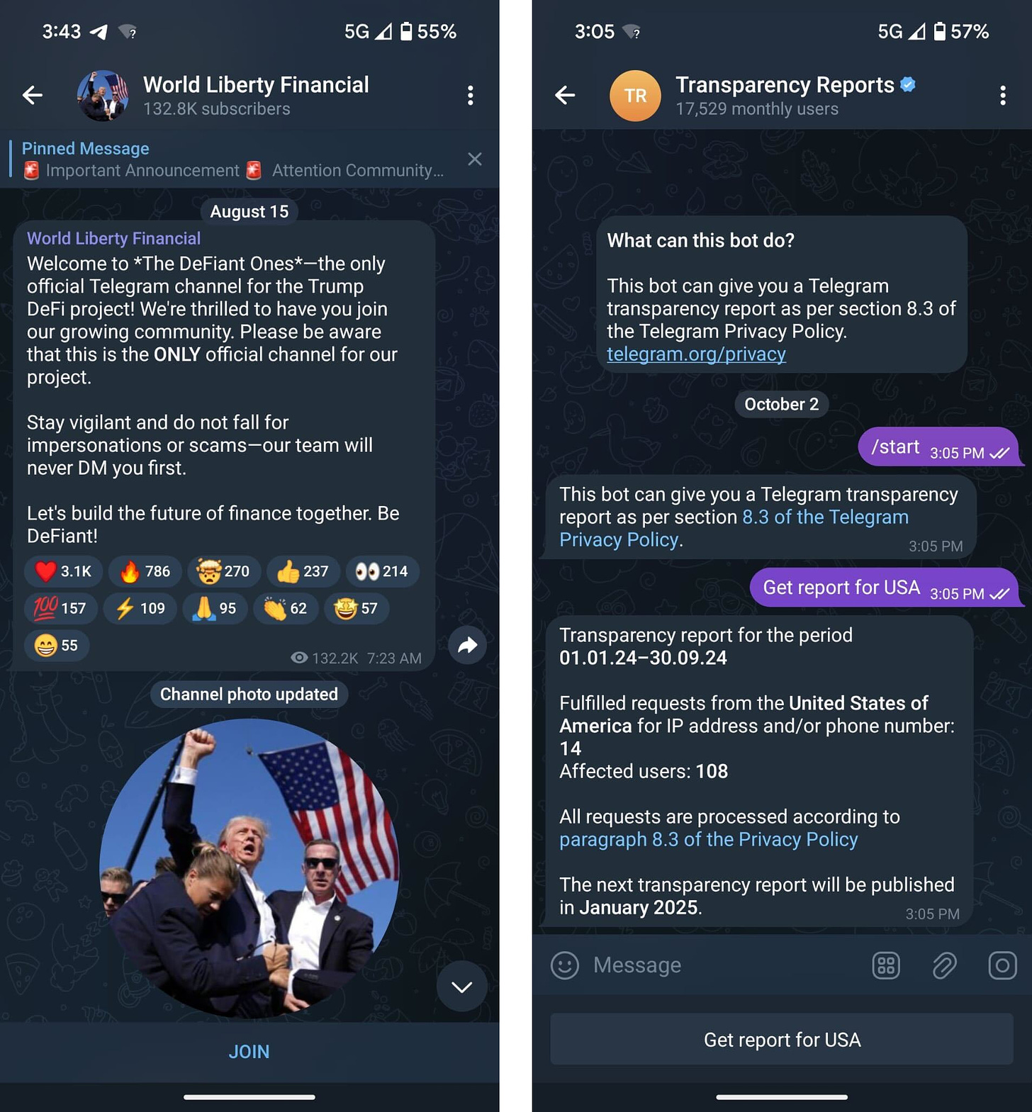 Two screenshots of the Telegram app on Android showing the World Liberty Financial channel and the output of the Transparency Reports bot respectively.