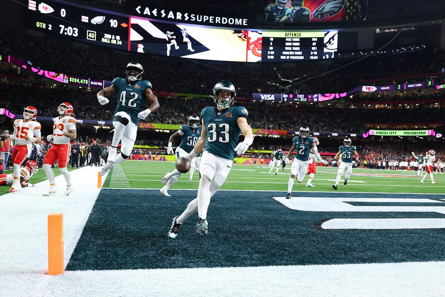 Cooper DeJean of the Philadelphia Eagles celebrates scoring a touchdown off an interception return in Super Bowl LIX. (Photo by Gregory Shamus/Getty Images)