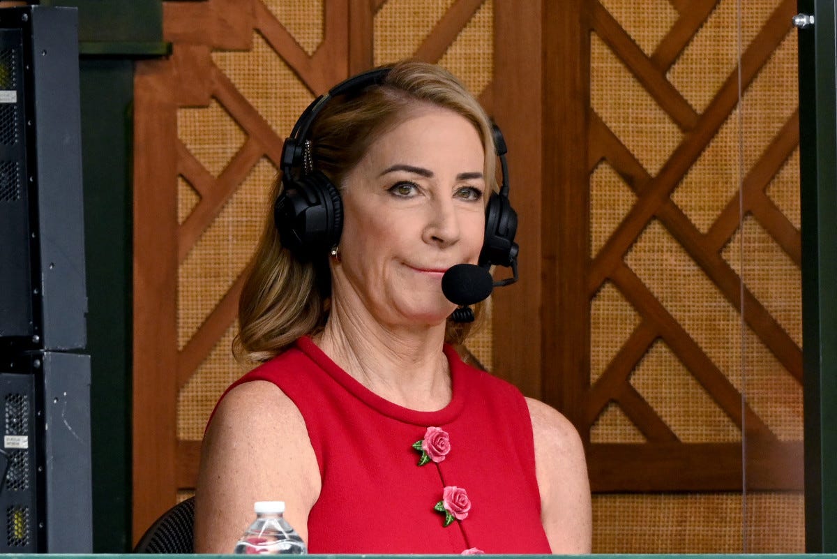 Chris Evert in the announcing booth at Wimbledon.