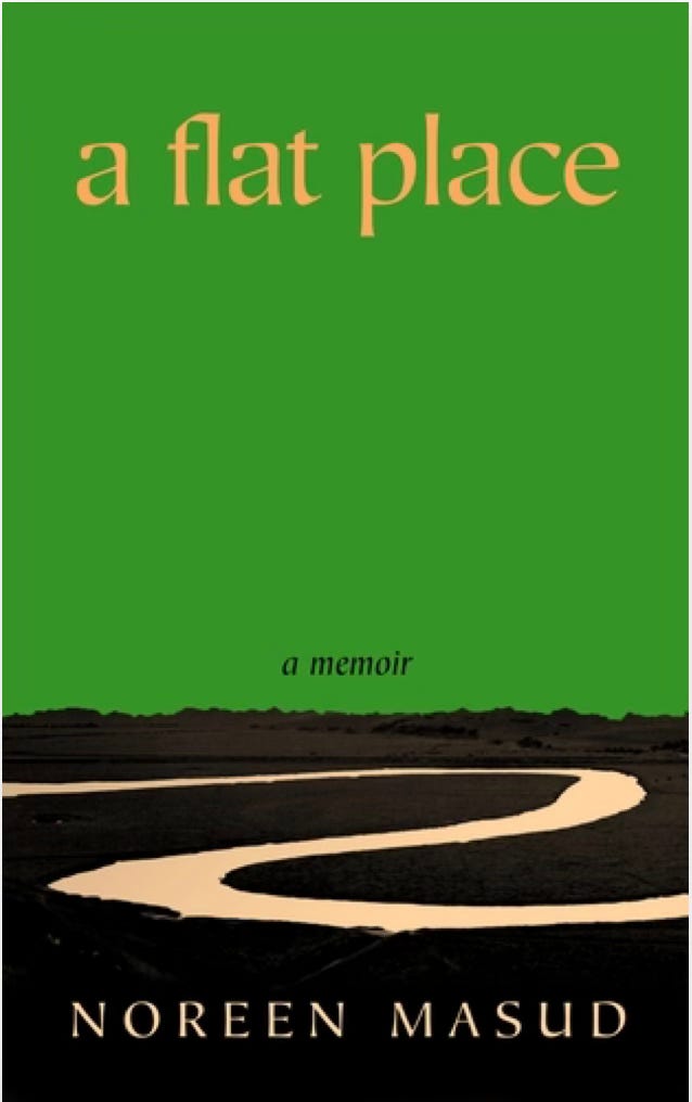Book cover of A Flat Place: a memoir, by Noreen Masud. An image split two thirds in bright green and the lower third in dark brown with a pale meandering river and yellow text.