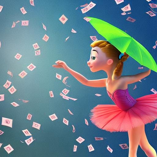 A cartoon of A ballerina dancing while it rains money