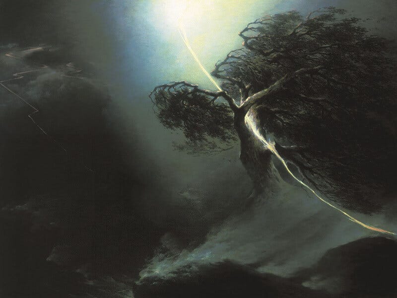 A painting of a dark night, a bolt of lightning streaking down from the sky and hitting an oak tree