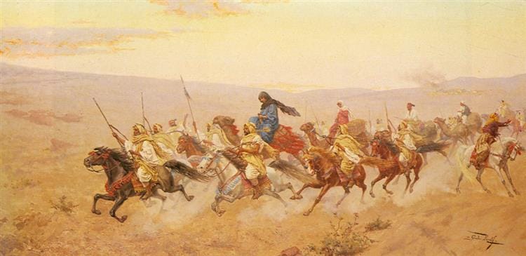 An orientalist watercolor of men with spears riding charging horses across a dusty landscape--"A Successful Expedition" by Giulio Rosati.