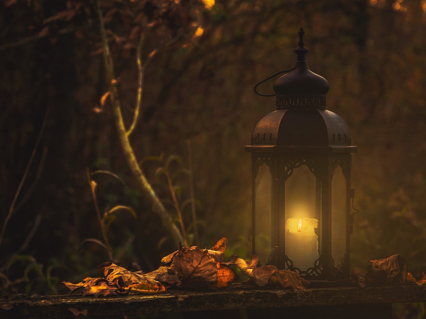 Image is a photo of a candle-lit lantern sitting atop a stone ledge surrounded by crunchy autumn leaves 