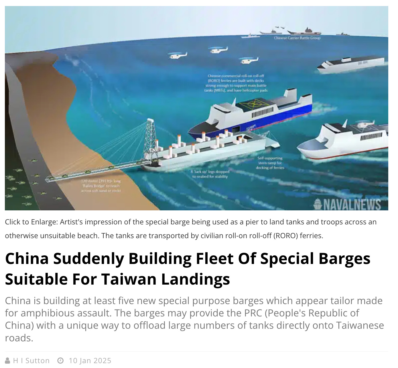 Screenshot of artist rending of Chinese barges with headline "China Suddenly Building Special Fleet of Barges Suitable for Taiwan Landing" from 