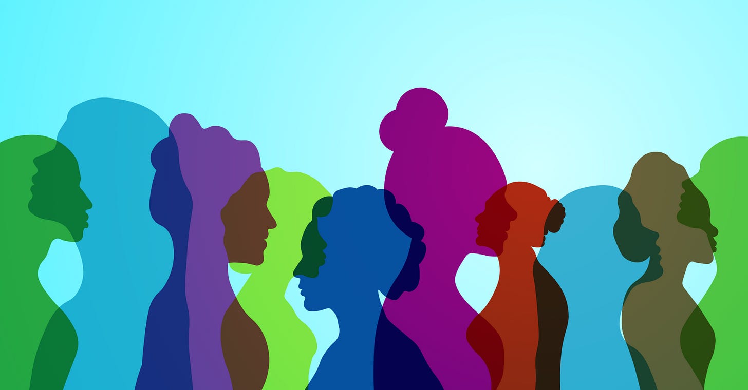 Different coloured silhouettes of women in profile.