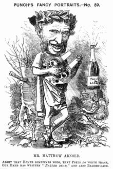 Caricature from Punch, 1881: "Admit that Homer sometimes nods, That poets do write trash, Our Bard has written "Balder Dead," And also Balder-dash"