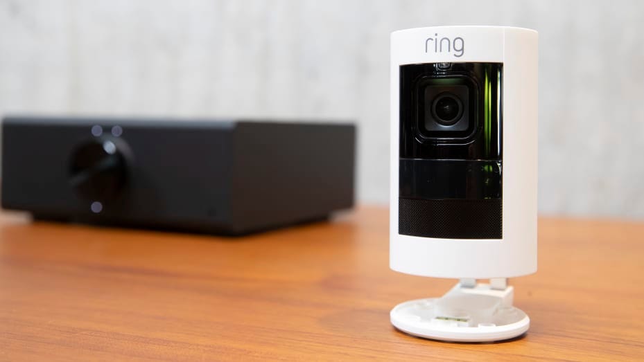 A 'Ring Stick Up Cam' is pictured at the Amazon Headquarters, following a launch event, on September 20, 2018, in Seattle. The camera was launched alongside more than 70 Alexa-enable products during the event.