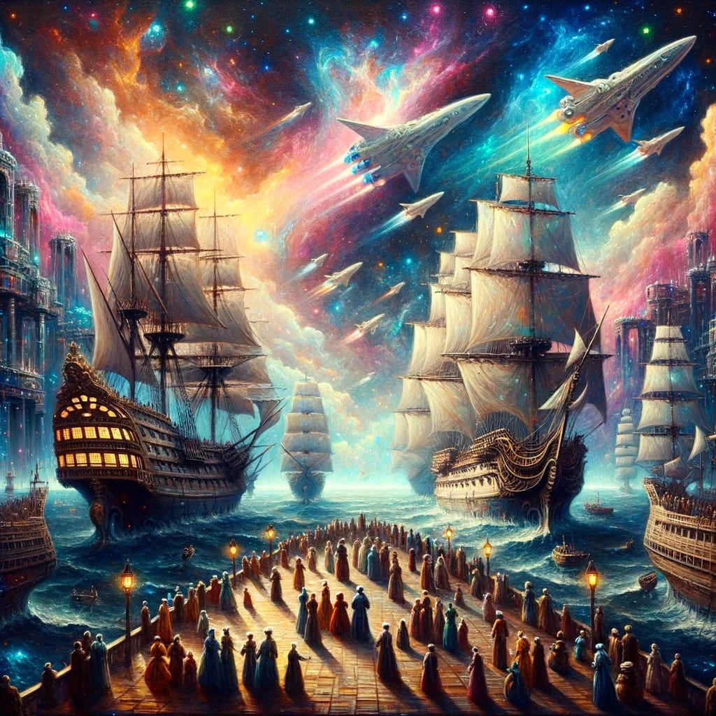 Oil painting infused with Baroque techniques and a cyberpunk color palette. A celestial harbor where ships, resembling a blend of classical galleons and futuristic spacecraft, prepare to launch. People of various descents and genders, marked by glowing symbols, board these vessels, chosen to establish humanity's presence on other planets. The sky is a dance of Baroque-inspired constellations and neon-lit galaxies, representing the vastness of the challenge and the potential of human exploration.