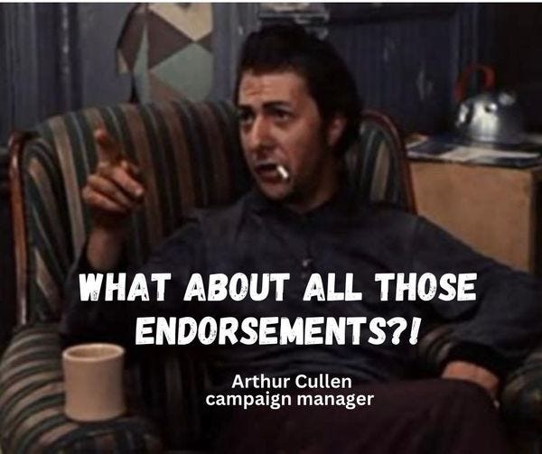 May be a graphic of 1 person and text that says 'WHAT ABOUT ALL THOSE ENDORSEMENTS?! Arthur Cullen campaign manager'